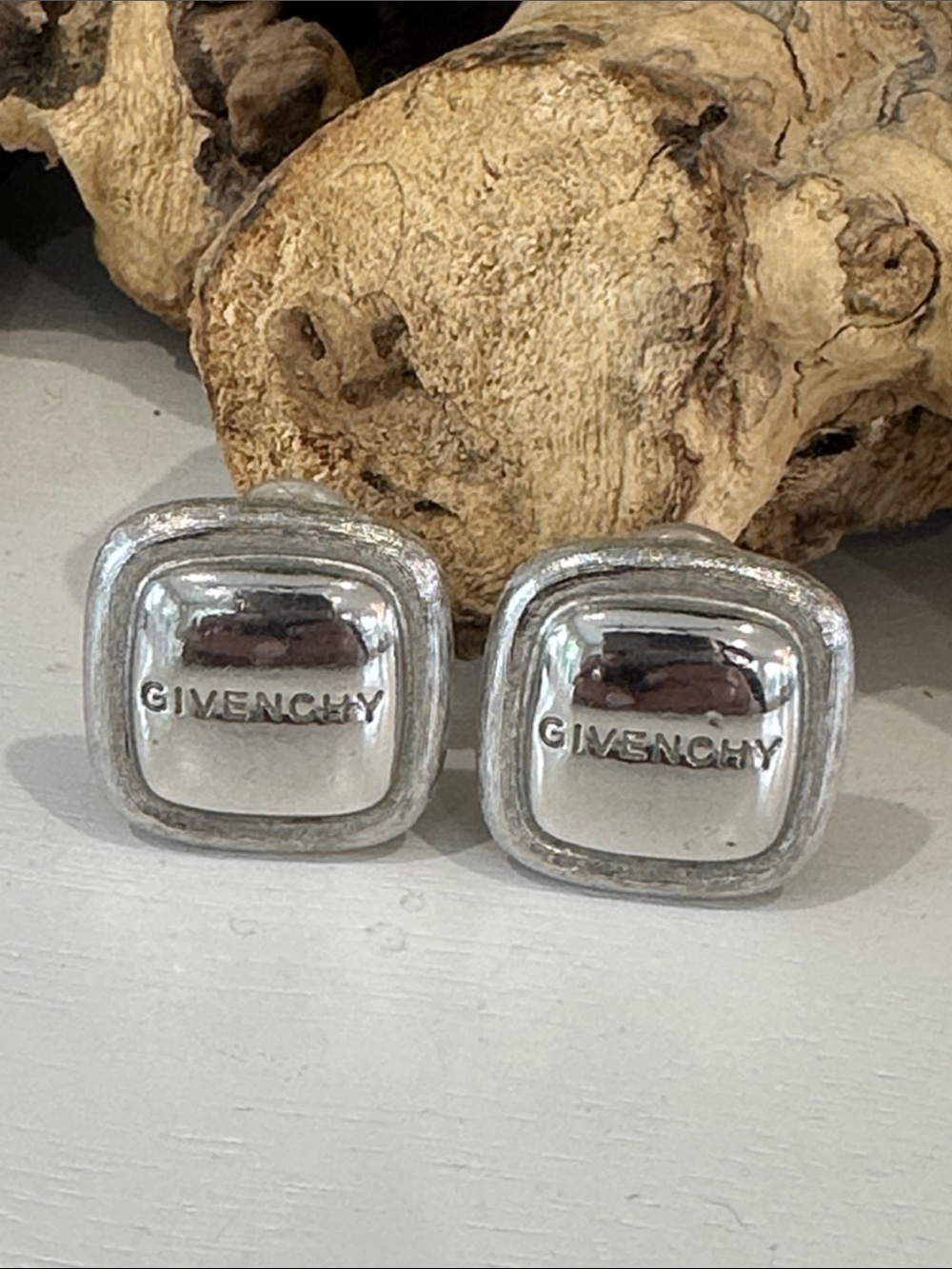 Givenchy Vintage Silver-Tone Square Logo Clip Earrings